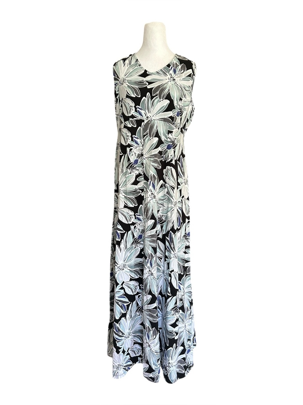 TALBOTS Maxi Dress XL Black Gray Blue Floral Empire Waist Sleeveless Knit Long